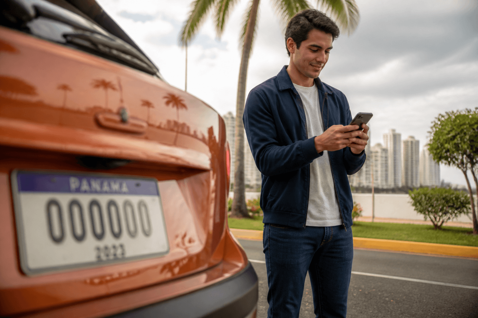 Conductor en Panamá revisando el celular para consultar el estado de una placa vehicular